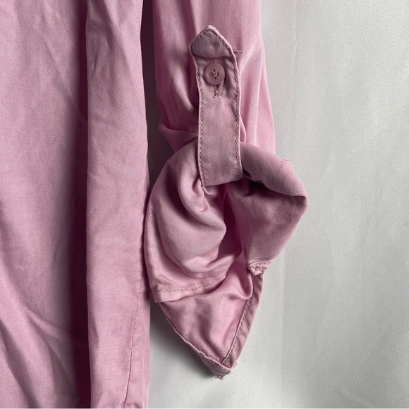 NWT CHICOS 0 Touch Cool Fringe Hem Button Up Shirt Sm Lavender Rose Pink Denim - Picture 3 of 8